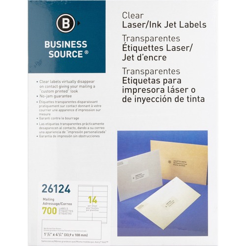 Business Source Clear Return Address Laser Labels - 1 1/3" Height x 4 1/4" Width - Permanent Adhesive - Rectangle - Laser - Clear - 14 / Sheet - 700 / Pack - Mailing & Address Labels - BSN26124