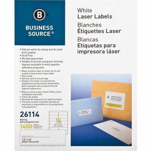 Business Source Bright White Premium-quality Address Labels - 1 1/3" Width x 4" Length - Permanent Adhesive - Rectangle - Laser, Inkjet - White - 14 / Sheet - 100 Total Sheets - 1400 / Pack - Lignin-free, Jam-free
