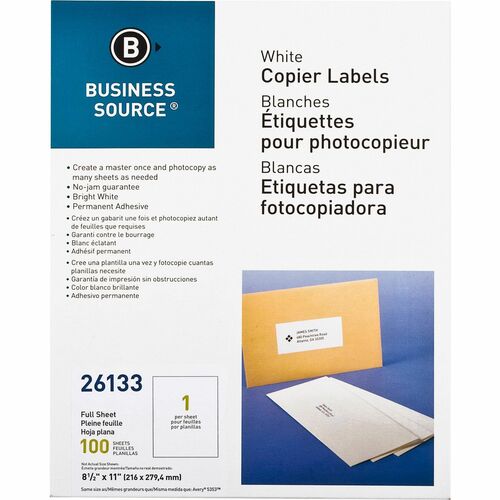 Business Source 8-1/2"x11" Copier Labels - 8 1/2" x 11" Length - Rectangle - White - 1 / Sheet - 100 / Pack - Lignin-free, Jam-free = BSN26133