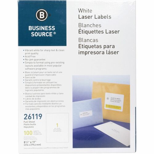 Business Source Address Labels - 8 1/2" x 11" Length - Permanent Adhesive - Rectangle - Laser, Inkjet - White - 1 / Sheet - 100 Total Sheets - 100 / Pack - Lignin-free, Jam-free