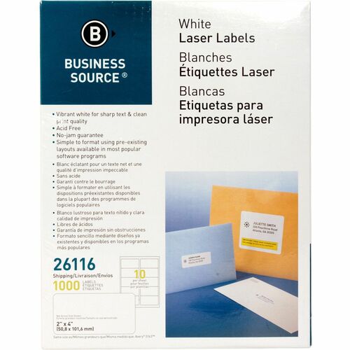 Business Source Bright White Premium-quality Shipping Labels - 2" x 4" Length - Permanent Adhesive - Rectangle - Laser, Inkjet - White - 10 / Sheet - 100 Total Sheets - 1000 / Pack - Lignin-free, Jam-free