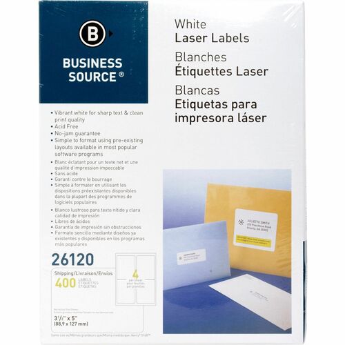 Business Source Bright White Premium-quality Address Labels - 3 1/2" Width x 5" Length - Permanent Adhesive - Rectangle - Laser, Inkjet - White - 4 / Sheet - 100 Total Sheets - 400 / Pack - Lignin-free, Jam-free
