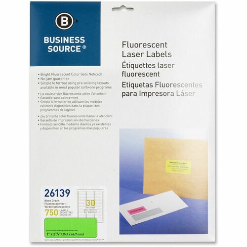 Business Source Neon Labels - 1" x 2 5/8" Length - Permanent Adhesive - Rectangle - Laser - Neon Green - 30 / Sheet - 750 / Pack - Jam-free, Pressure Sensitive = BSN26139