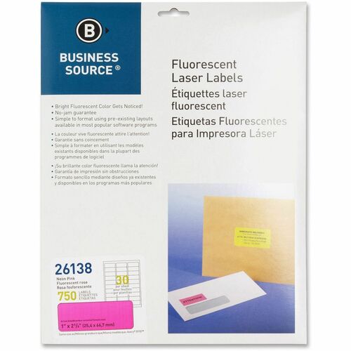 Business Source Neon Labels - 1" x 2 5/8" Length - Permanent Adhesive - Rectangle - Laser - Neon Pink - 30 / Sheet - 750 / Pack - Jam-free, Pressure Sensitive = BSN26138