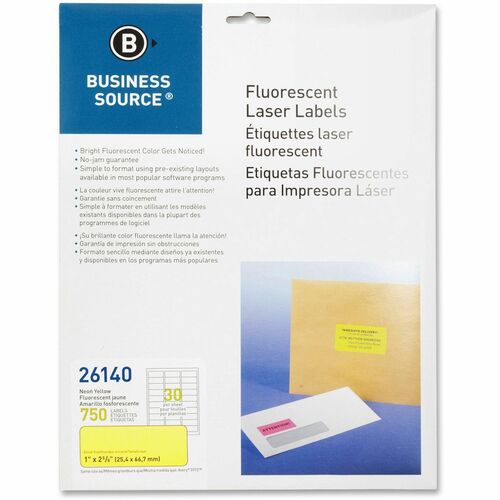 Business Source Neon Labels - 1" Width x 2 5/8" Length - Permanent Adhesive - Rectangle - Laser - Neon Yellow - 30 / Sheet - 750 / Pack - Jam-free, Pressure Sensitive