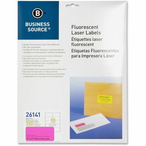 Business Source Neon Labels - 2" Width x 4" Length - Permanent Adhesive - Rectangle - Laser - Neon Pink - 10 / Sheet - 250 / Pack - Jam-free, Pressure Sensitive