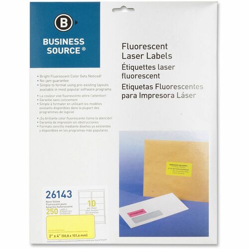 Business Source Neon Labels - 2" Width x 4" Length - Permanent Adhesive - Rectangle - Laser - Neon Yellow - 10 / Sheet - 250 / Pack - Jam-free, Pressure Sensitive
