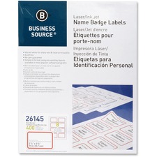 Business Source Laser/Inkjet Name Badge Labels - 2 1/3" x 3 3/8" Length - Rectangle - Laser, Inkjet - Red - 8 / Sheet - 400 / Pack - Self-adhesive, Jam-free