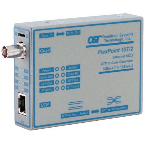 Omnitron Systems FlexPoint 4320-2 Ethernet Transceiver - 1 x Network (RJ-45) - 10Base-T, 10Base-2 - 0.19 km - Rail-mountable, Wall Mountable, Internal, Rack-mountable