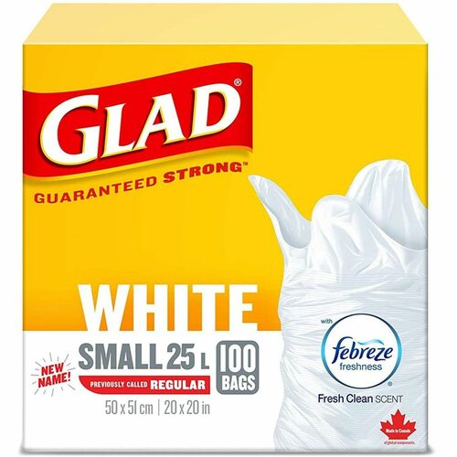 Glad White Garbage Bags, Febreze Fresh Clean Scent, Small 25 L, 100/PK - Febreze Fresh Clean - Small Size - 25 L Capacity - 20" (508 mm) Length x 20" (508 mm) Width - Tie Closure - White - Garbage, Kitchen, Bathroom, Bedroom, Office - 100 / Pack
