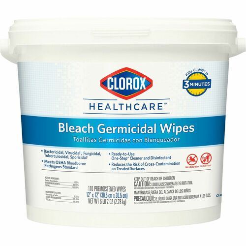 Clorox Healthcare Bleach Germicidal Wipes - Ready-To-Use Wipe12" Width x 12" Length - 110 / Canister - 1 Each - White