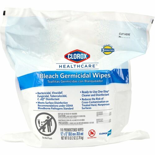 Clorox Healthcare Bleach Germicidal Wipes Refill - For Healthcare - Ready-To-Use - 12" Length x 12" Width - Disinfectant, Anti-bacterial - White - 110Bag - 1 Each