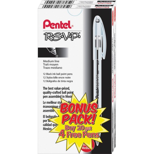 Pentel R.S.V.P. Ballpoint Stick Pens - Medium Pen Point - Refillable - Black - Clear Barrel - Stainless Steel Tip - 24 / Pack