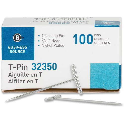 Business Source High Quality Steel T-pins - 1.50" (38.10 mm) Length x 0.56" (14.29 mm) Width - 100 / Box - Silver - Steel