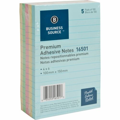 Business Source Ruled Adhesive Notes - 4" x 6" - Square - Ruled - Pastel - Self-adhesive, Solvent-free Adhesive - 5 / Pack - Adhesive Note Pads - BSN16501