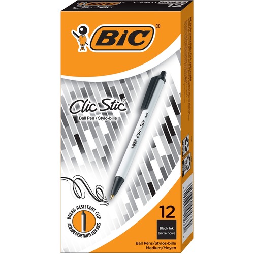 BIC Clic Stic Ball Pen - Medium Pen Point - 1 mm Pen Point Size - Conical Pen Point Style - Retractable - Black - White Barrel - 12 / Pack