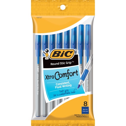 BIC Round Stic Grip - Medium Pen Point - 1.2 mm Pen Point Size - Blue - Translucent, Tinted Clear Barrel - 8 / Card