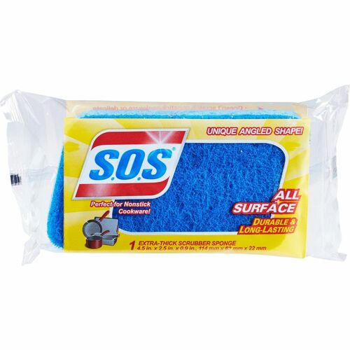 S.O.S All-Surface Scrubber Sponge - 4.5" Height x 2.5" Width x 0.9" Depth - 1Each - Cellulose, Scrim - Blue