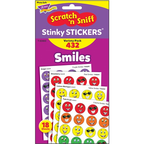 Trend Smiles Stinky Stickers Variety Pack - 432 x Smilies Shape - Scented, Acid-free, Non-toxic, Photo-safe - Red, Yellow, Purple, Orange, Green, Blue - 432 / Pack