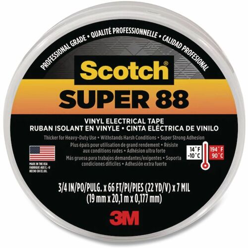 Scotch Super 88 Insulating Tape - 22 yd Length x 0.75" Width - Black - Vinyl - Polyvinyl Chloride (PVC) Backing - Rubber Adhesive - For Insulating Wire, Rubber, Synthetic Material - 1 Roll