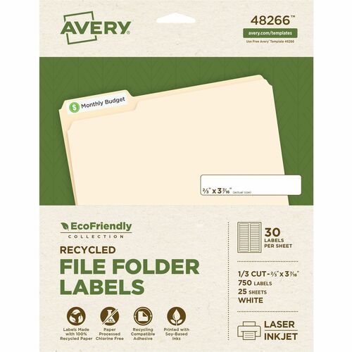 Avery® EcoFriendly File Folder Label - 21/32" Width x 3 7/16" Length - Permanent Adhesive - Rectangle - Laser, Inkjet - Matte - White - Paper - 30 / Sheet - 25 Total Sheets - 750 Total Label(s) - Recyclable, PVC-free, Permanent Adhesive, Chlorine-free