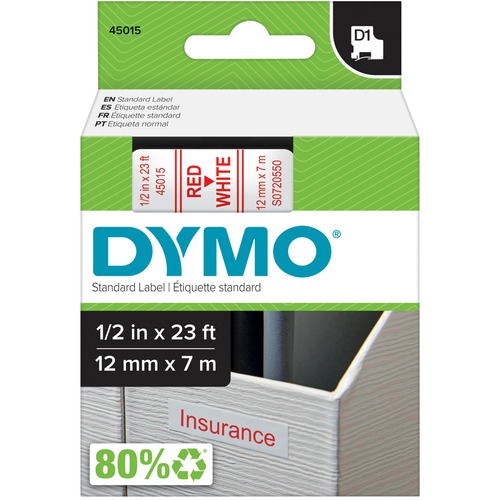 Dymo D1 Electronic Tape Cartridge - 1/2" Width - Thermal Transfer - Red On White - Polyester - 1 Each - Label Tapes - DYM45015