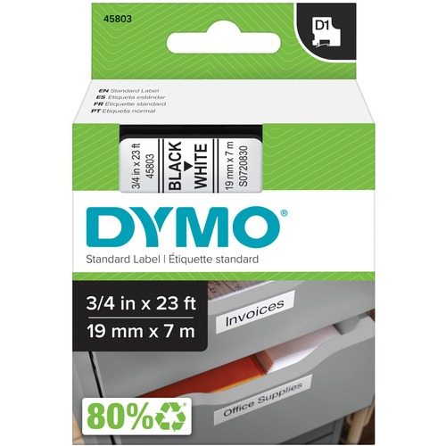 Dymo D1 Electronic Tape Cartridge - 3/4" Width - Thermal Transfer - White - Polyester - 1 Each - Label Tapes - DYM45803