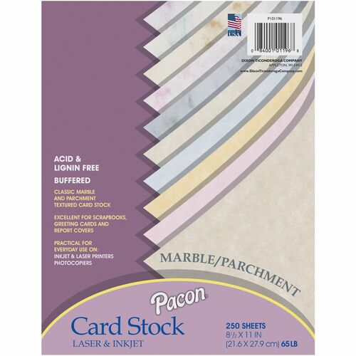 Pacon Marble/Parchment Cardstock Sheets - Assorted - Letter - 8 1/2" x 11" - 65 lb Basis Weight - Textured, Parchment, Marble - 250 / Pack - Heavyweight, Acid-free, Lignin-free, Recyclable, Buffered, Archival-safe - Blue, Gray, Cherry, Tan, Lilac, Natural