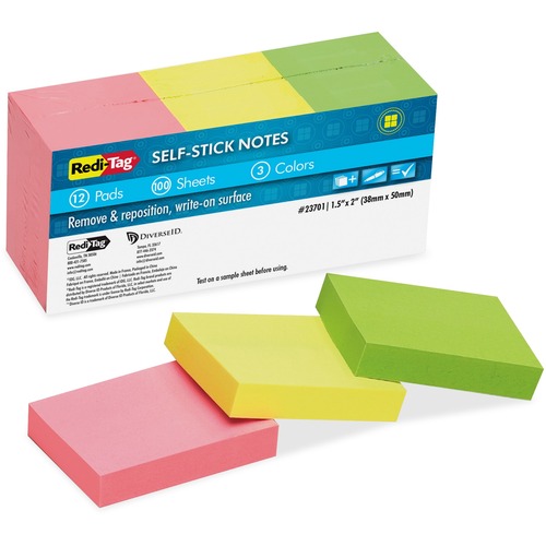 Redi-Tag Self-Stick Recycled Neon Notes - 400 x Neon Pink, 400 x Neon Green, 400 x Neon Yellow - 1 1/2" x 2" - Rectangle - 100 Sheets per Pad - Neon Pink, Neon Yellow, Neon Green - Self-stick, Solvent-free Adhesive, Water Based, Repositionable, Removable,