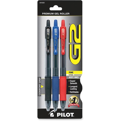 Pilot G2 Retractable Gel Ink Pens - Fine Pen Point - 0.7 mm Pen Point Size - Refillable - Retractable - Black, Blue, Red Gel-based Ink - Black, Blue, Red Barrel - 3 / Pack