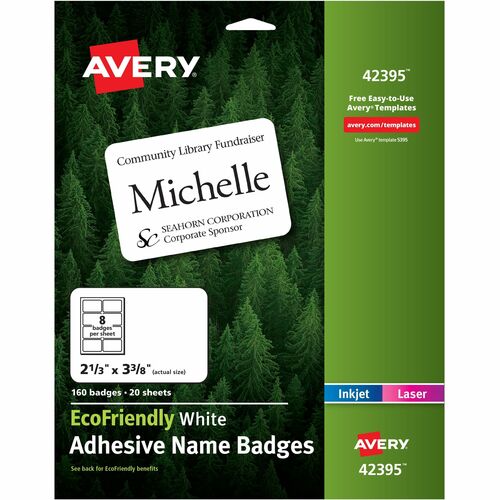 Avery® Eco-friendly Premium Name Badge Labels - 2 21/64" Width x 3 3/8" Length - Removable Adhesive - Rectangle - Laser, Inkjet - White - Paper - 8 / Sheet - 20 Total Sheets - 160 Total Label(s) - 160 / Pack