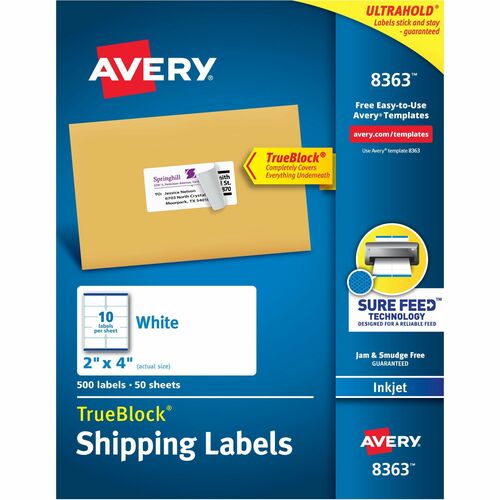 Avery® Shipping Labels, Sure Feed®, 2" x 4" , 500 Labels (8363) - 8 1/2" Width x 11" Length - Permanent Adhesive - Rectangle - Inkjet - White - Paper - 10 / Sheet - 50 Total Sheets - 500 Total Label(s) - 500 / Box - Permanent Adhesive, Jam Resista