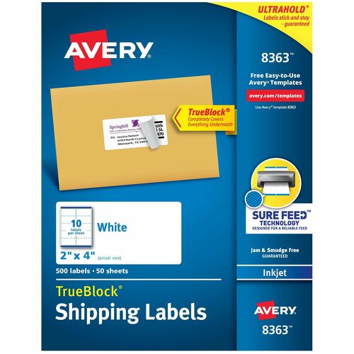 Avery® Shipping Labels, Sure Feed®, 2" x 4" , 500 Labels (8363) - 8 1/2" Width x 11" Length - Permanent Adhesive - Rectangle - Inkjet - White - Paper - 10 / Sheet - 50 Total Sheets - 500 Total Label(s) - 500 / Box - Permanent Adhesive, Jam Resista