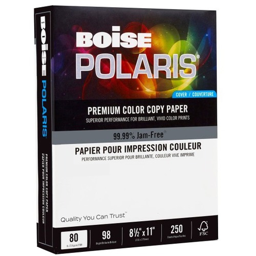 BOISE POLARIS Premium Color Copy Paper Cover, 8.5" x 11" Letter, 98 Bright White, 80 lb., 6 Ream Carton (1,500 Sheets) - 98 Brightness - Letter - 8 1/2" x 11" - 80 lb Basis Weight - Smooth - Acid-free, Fast-drying, Double-sided - Bright White - 500 Sheet