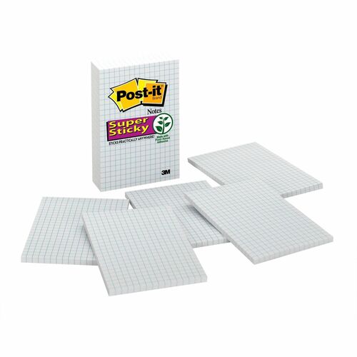 Post-it Grid-Lined Notes, 4 in x 6 in, White with Blue Grid - 600 x White - 4" x 6" - Rectangle - 50 Sheets per Pad - Grid - White - Paper - Self-adhesive, Repositionable - 3 / Pack
