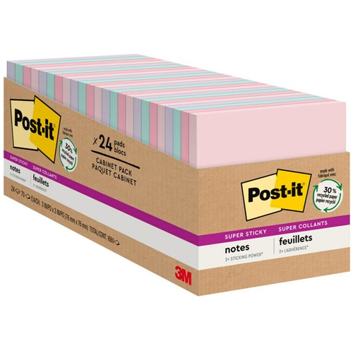 Post-it® Super Sticky Notes Cabinet Pack - Wanderlust Pastels Color Collection - 1680 - 3" x 3" - Square - 70 Sheets per Pad - Unruled - Pink Salt, Positively Pink, Orchid Frost, Fresh Mint - Paper - Repositionable - 24 / Pack