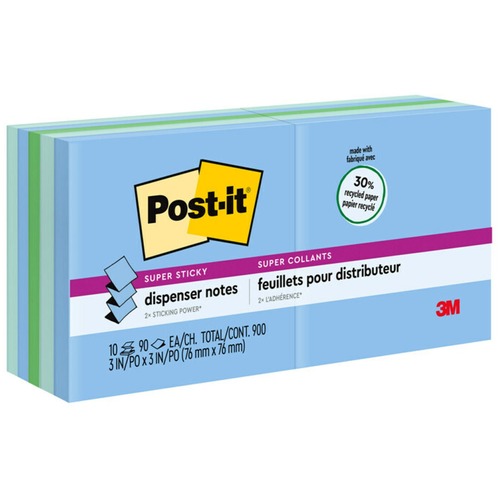 Post-it® Super Sticky Adhesive Notes - Oasis Color Collection - 900 x Assorted - 3" x 3" - Square - 90 Sheets per Pad - Washed Denim, Fresh Mint, Lucky Green - Paper - 10 / Pack - Recycled