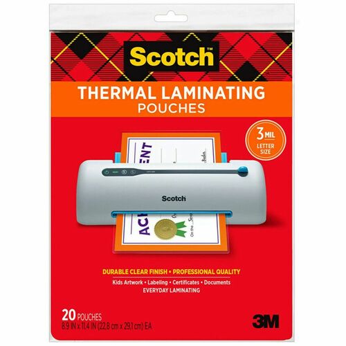 Scotch Thermal Laminating Pouches - Sheet Size Supported: Letter 8.50" Width x 11" Length x 3 mil Thickness - Laminating Pouch/Sheet Size: 9" Width x 11.50" Length x 3 mil Thickness - Glossy - for Document, Schedule, Presentation, Phone List, Certificate,