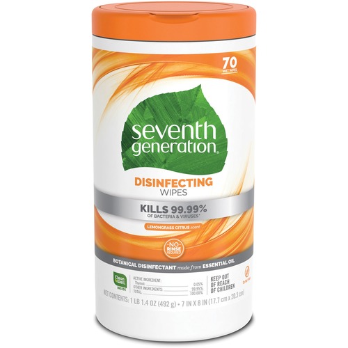 Seventh Generation Disinfecting Cleaner - Lemongrass Citrus Scent - 8" Length x 7" Width - 70 / Canister - 1 Each - Deodorize