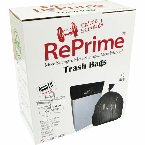 Heritage Accufit RePrime Trash Bags - 23 gal Capacity - 28" Width x 45" Length - 0.90 mil (23 Micron) Thickness - Low Density - Black - Linear Low-Density Polyethylene (LLDPE) - 50/Box - Waste Disposal, Garbage