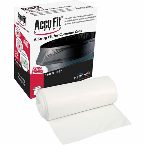 Heritage Accufit RePrime Trash Bags - 23 gal Capacity - 28" Width x 45" Length - 0.90 mil (23 Micron) Thickness - Low Density - Clear - Linear Low-Density Polyethylene (LLDPE) - 50/Box - Waste Disposal, Garbage
