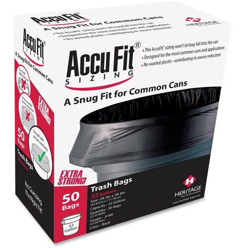 Heritage Accufit Reprime 32 Gallon Can Liners - 32 gal Capacity - 33" Width x 44" Length - 0.90 mil (23 Micron) Thickness - Low Density - Black - Linear Low-Density Polyethylene (LLDPE) - 50/Box - Garbage