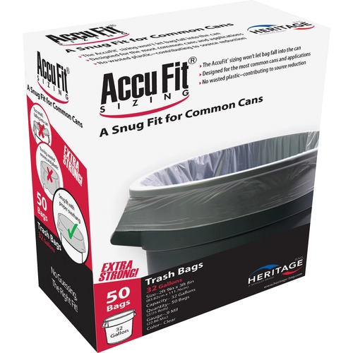 Heritage Accufit Reprime 32 Gallon Can Liners - 32 gal Capacity - 33" Width x 44" Length - 0.90 mil (23 Micron) Thickness - Low Density - Clear - Linear Low-Density Polyethylene (LLDPE) - 50/Box - Garbage