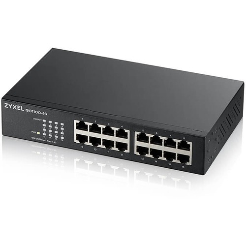 ZYXEL GS1100-16 Ethernet Switch - 16 Ports - Gigabit Ethernet - 10/100/1000Base-T - 2 Layer Supported - Twisted Pair - Wall Mountable, Rack-mountable, Desktop - 2 Year Limited Warranty