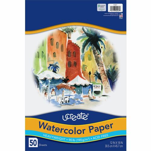 UCreate Watercolor Paper - 12" x 18" - 90 lb Basis Weight - Vellum - 50 / Pack - Sustainable Forestry Initiative (SFI) - Acid-free - White