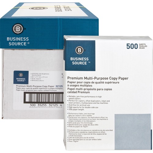 Business Source Copy Paper - 92 Bright - 8 1/2" x 11" - 20 lb Basis Weight - 5 REAMS ONLY
