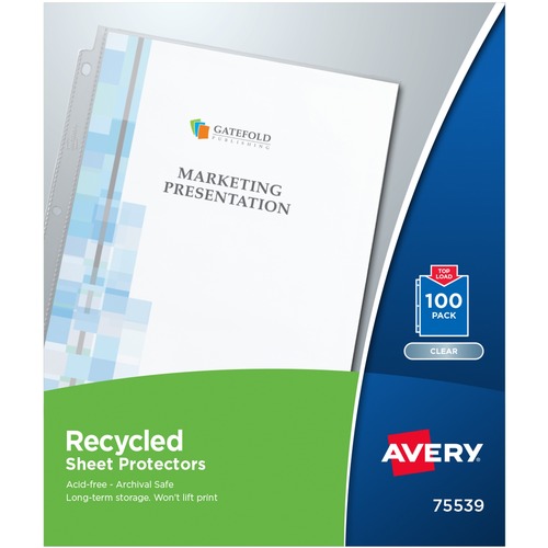 Avery® Recycled Sheet Protectors - Acid-free, Archival-Safe, Top-Loading - 12" Height x 9.8" Width - Sheet Capacity - For Letter 8 1/2" x 11" Sheet - 3 x Holes - Ring Binder - Top Loading - Clear - Polypropylene - 100 / Box