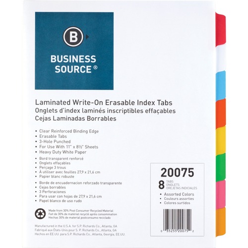 Business Source Laminated Write-On Tab Indexes - 8 Write-on Tab(s) - 8 Tab(s)/Set - 11" Tab Height x 8.50" Tab Width - 3 Hole Punched - Self-adhesive, Removable - Multicolor Mylar Tab(s) - 8 / Set = BSN20075