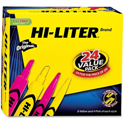 Avery® Hi-Liter Desk and Pen-Style Highlighters - Chisel Marker Point Style - Fluorescent Yellow, Fluorescent Pink Water Based Ink - Assorted Barrel - 24 / Box