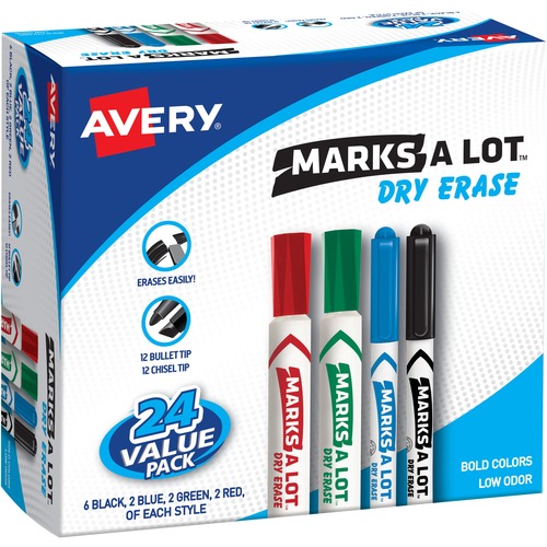 Avery® Desk & Pen-Style Dry Erase Markers - Chisel Marker Point Style - Black, Blue, Green, Red - Assorted Barrel - 24 / Box